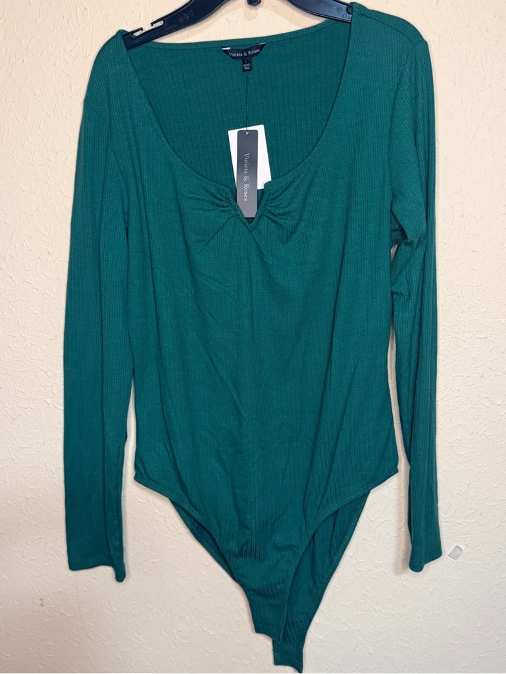 Violets & Roses Long-Sleeve Ribbed Bodysuit V Neck Career Date Festival Large